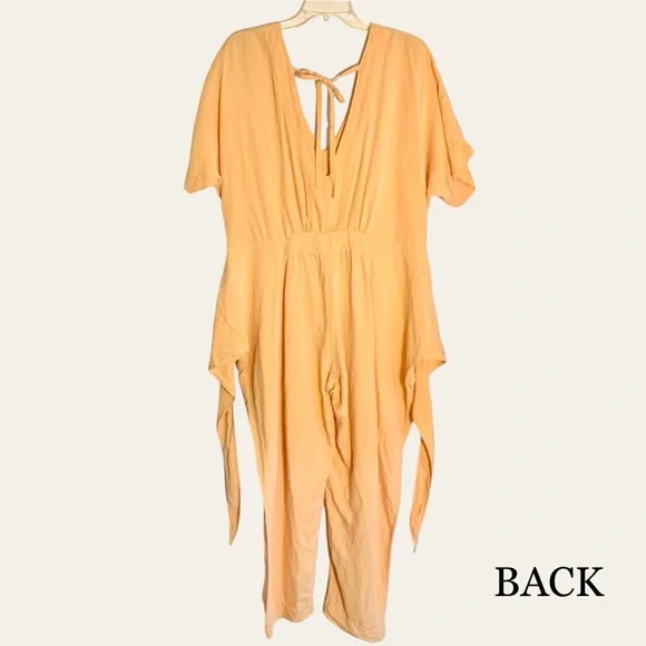 Free People Shining Sun Wrap Linen Jumpsuit Romper Playsuit Orange Cutout Sz L - Picture 8 of 12